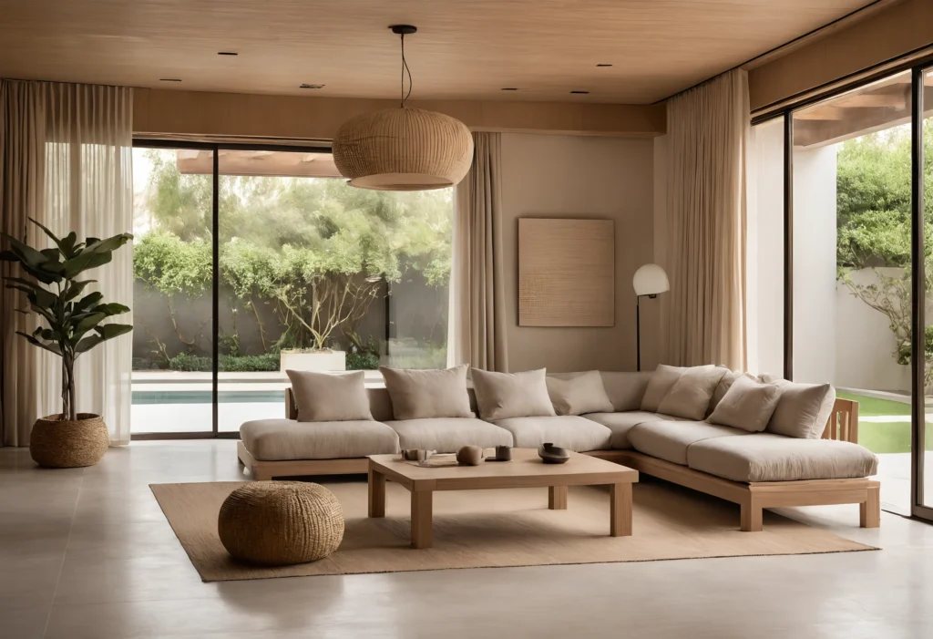 Renovating a Dubai Villa in 2026: Basic Maintenance or Dubai Municipality Permit? Japandi living room in a Dubai villa with a low linen sectional, pale oak coffee table, woven pendant and sliding doors to a pool garden