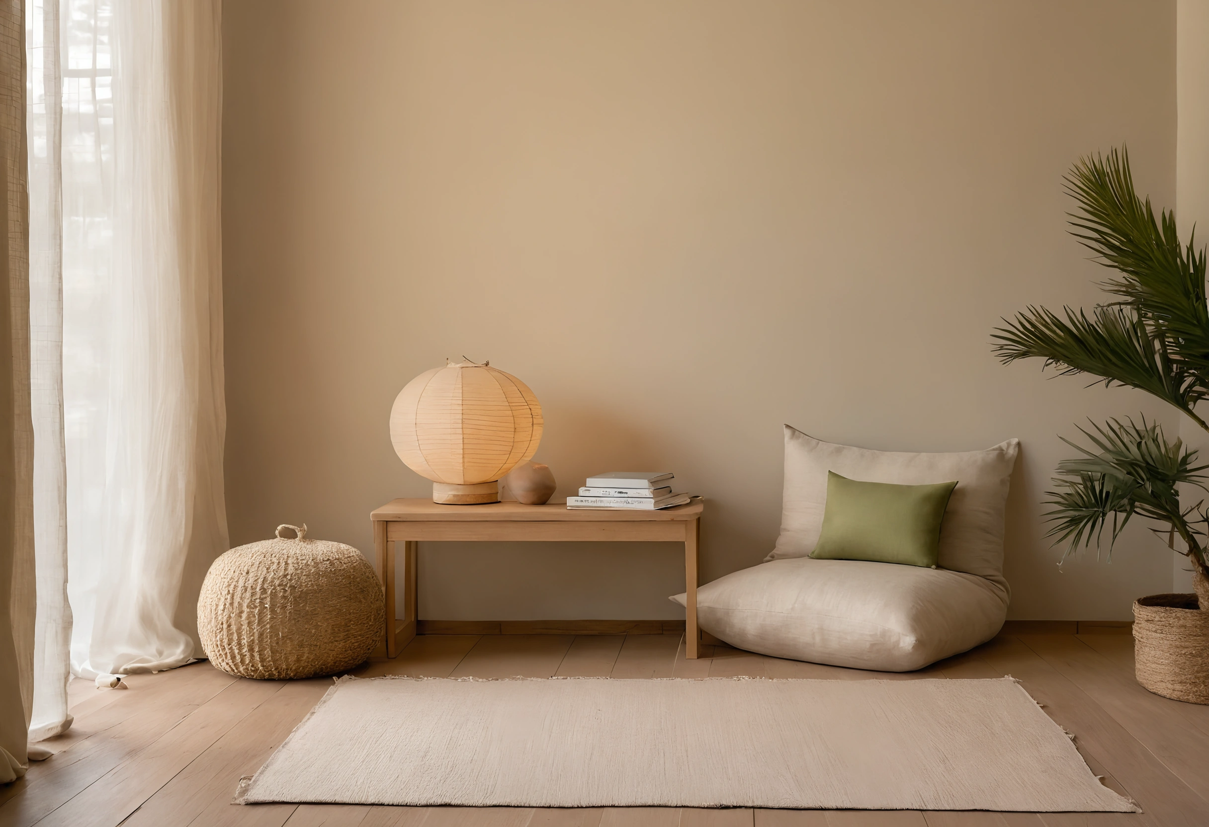 Renovating a Dubai Villa in 2026: Basic Maintenance or Dubai Municipality Permit? Paper lantern resting on a pale oak bench with a floor cushion and woven pouf beside sheer curtains filtering daylight